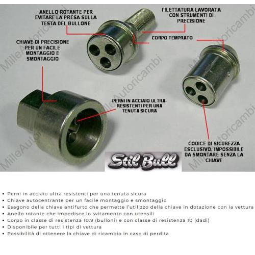 SET 4 BULLONI ANTIFURTO STILL BULL FARAD PER RUOTE MODELLO Z2 M14X1,5 35MM