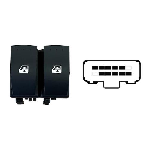 INTERRUTTORE ALZAVETRO PER RENAULT KANGOO 2008-2013 - MASTER'10>/21> PORTA ANT. SX,FUNZIONE ANTIPINCH,2 INTERRUTTORI 10 PIN,CONNETTORE NERO